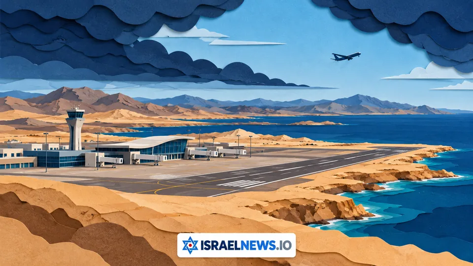 איור מושגי של נמל תעופה בחוף מדברי ומטוס אזרחי בשמים
