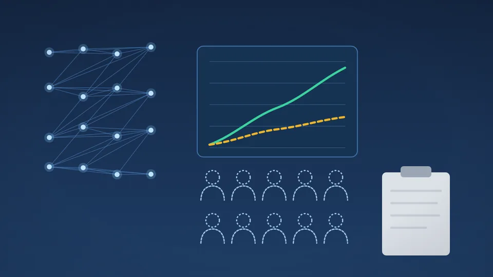 Visualización conceptual de inteligencia artificial simulando datos de un ensayo clínico antes del reclutamiento de pacientes