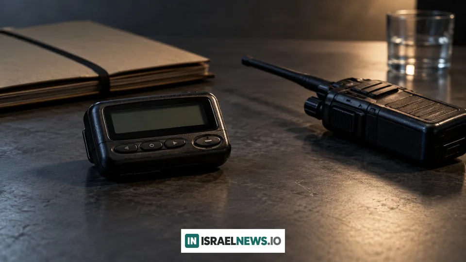 Conceptual still life of a pager with a blank screen, a handheld radio and a closed folder on a desk, not operational evidence or an event photograph