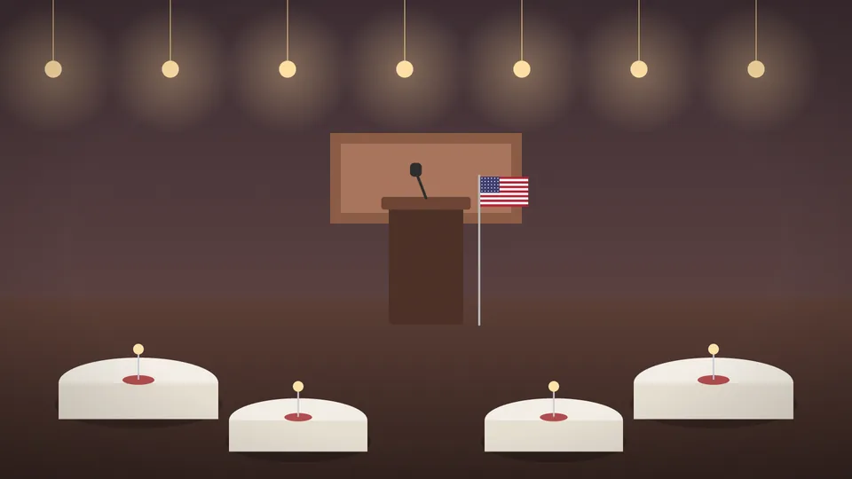 Illustration eines leeren Bankettsaals mit runden Tischen, Hängeleuchten und einem Rednerpult mit Mikrofon neben einer US-Flagge