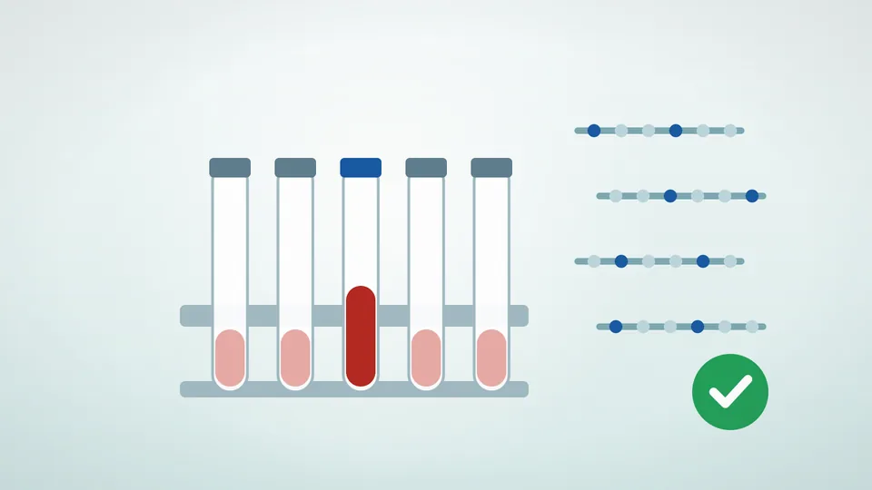 Ilustración de tubos de muestras de sangre en una gradilla, uno de ellos destacado, fragmentos de ADN con puntos marcadores y una marca de verificación verde