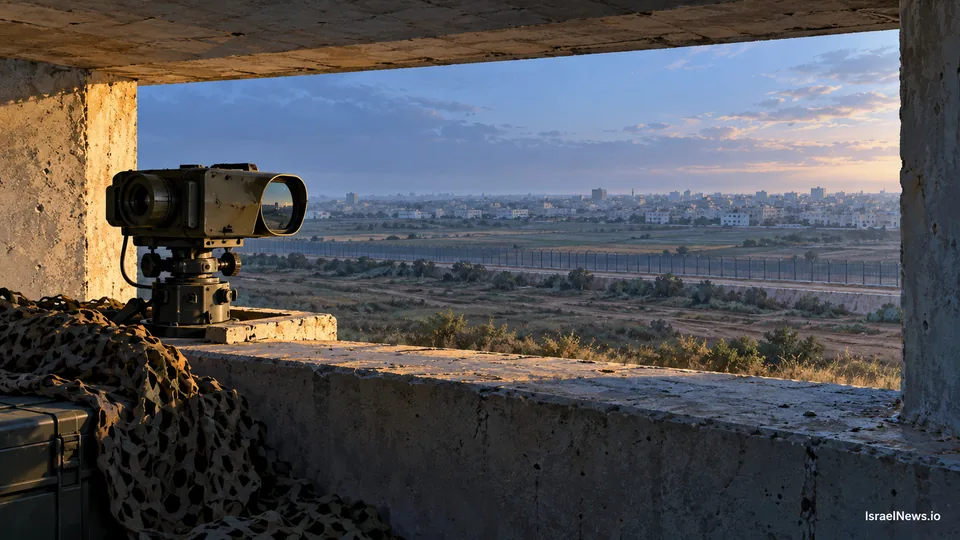 Redaktionelle Illustration optischer Beobachtungstechnik in einem leeren Betonposten mit Blick auf einen Grenzzaun und entfernte Gebäude.
