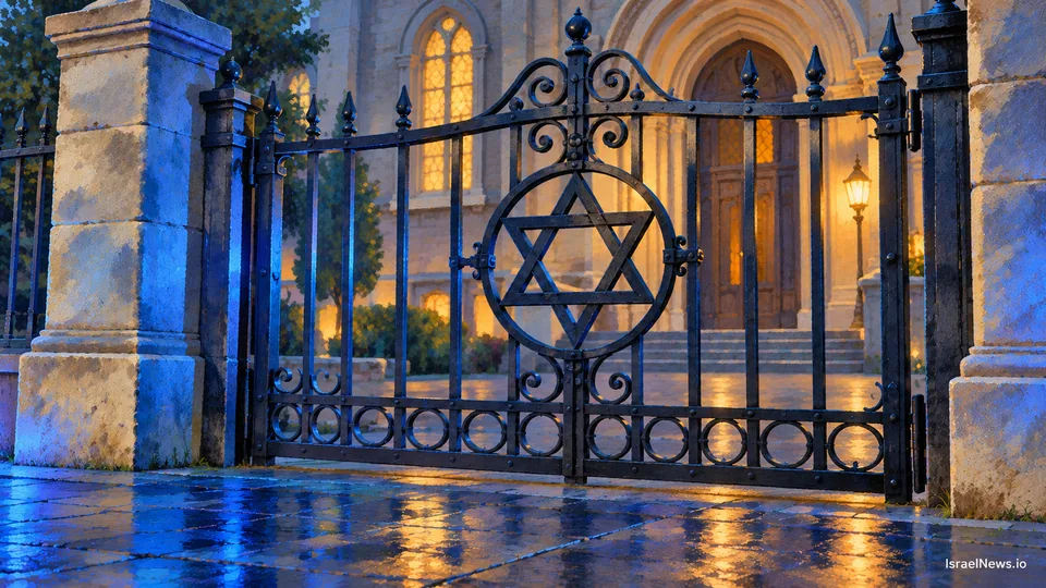 איור של שער בית כנסת עם מגן דוד והשתקפויות אור כחול
