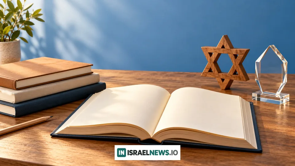 ترتيب رمزي لكتاب مفتوح ودفاتر ونجمة داود خشبية وجائزة زجاجية بلا كتابة، وليس تصويرا لحفل التكريم