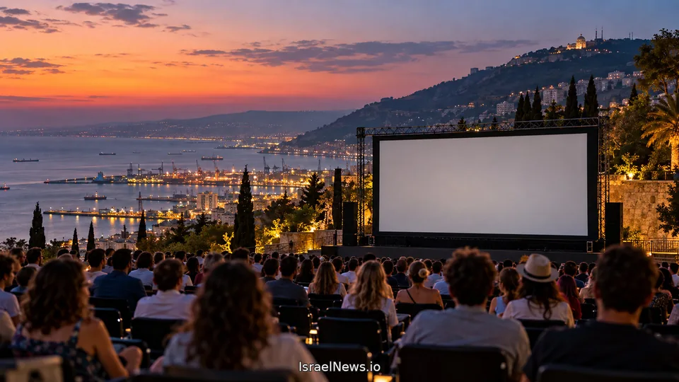 رسم توضيحي لجهاز عرض سينمائي يلقي شعاعاً من الضوء فوق حدائق حيفا المدرجة وأضواء الخليج عند الغروب