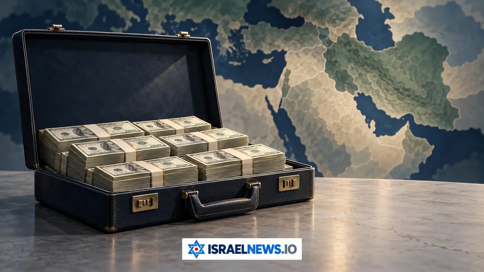 איור רעיוני של מזוודה פתוחה ובה חבילות שטרות, עם מפת המזרח התיכון ברקע