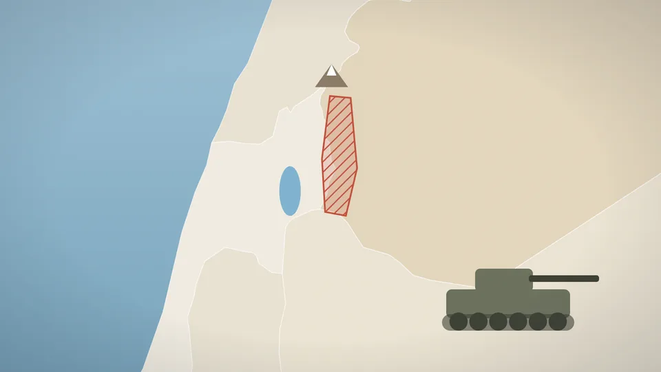 Illustrated map of the Golan Heights and southwestern Syria with a hatched security zone, Mount Hermon and an armored vehicle