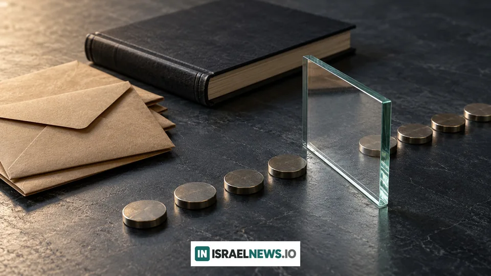 Conceptual still life of sealed envelopes, an accounting book and metal tokens separated by a glass barrier, not documentation of an operation or evidence