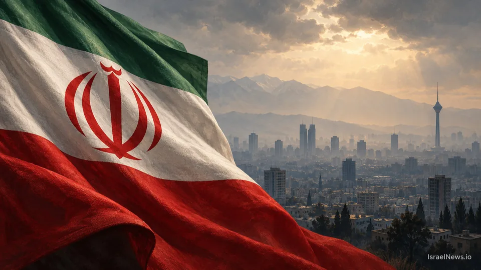 تصویرسازی تحریریه از پرچم ایران بر فراز نمایی انتزاعی و آرام از تهران