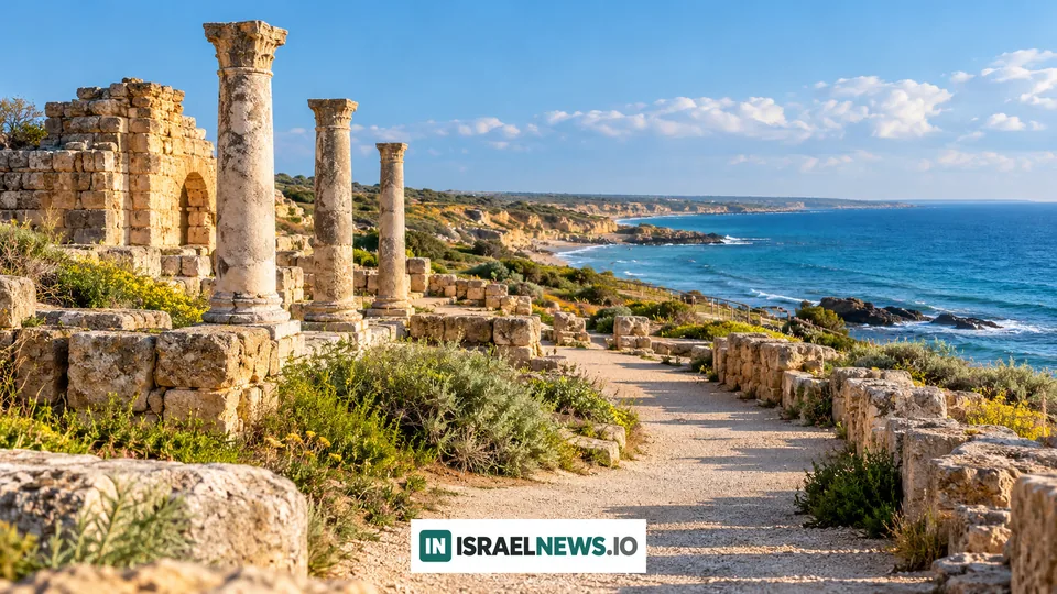 Columnas de piedra y ruinas junto a un camino y la costa mediterránea