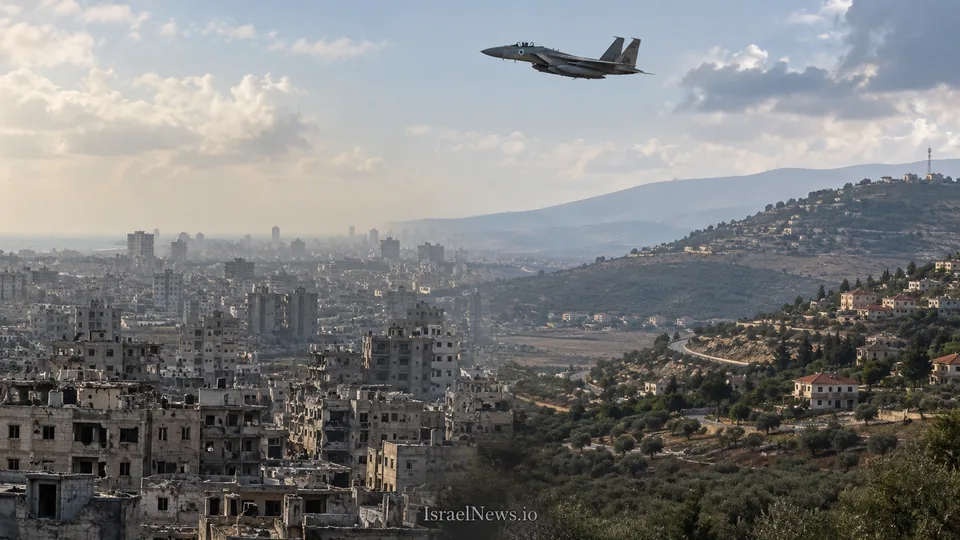 איור: מטוס קרב מעל עיר פגועה משמאל וגבעות ירוקות עם כפרים מימין, שמיים בהירים