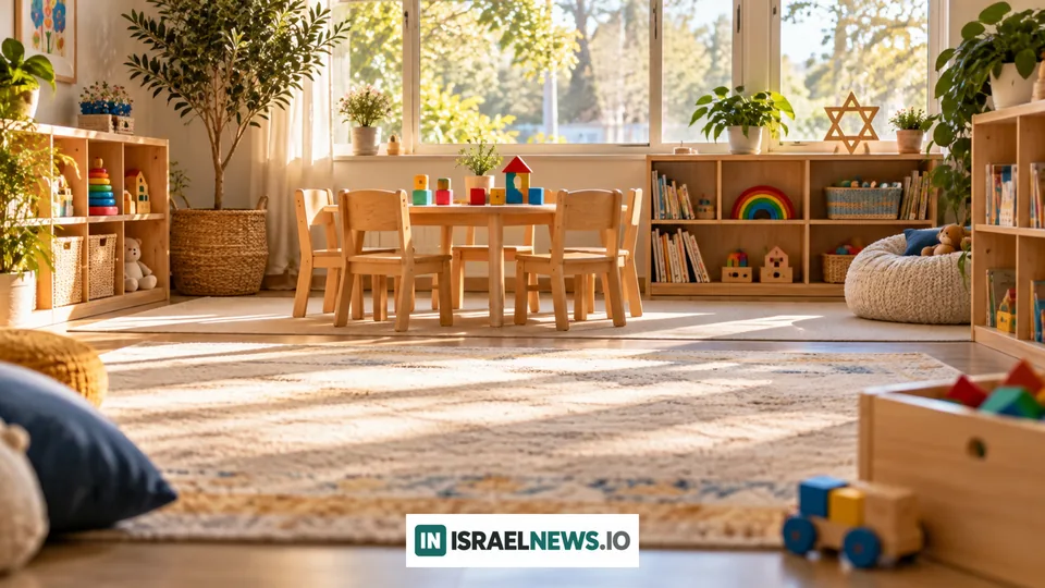 Uma sala infantil vazia com cadeiras de madeira, brinquedos e uma estrela de Davi decorativa