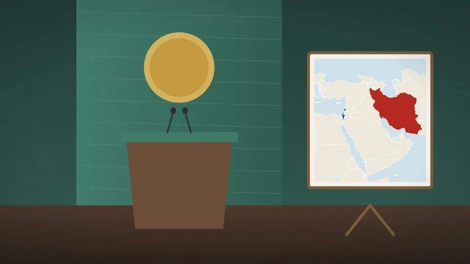 Illustration of the green marble podium of the UN General Assembly beside an easel with a map highlighting Israel in blue and Iran in red