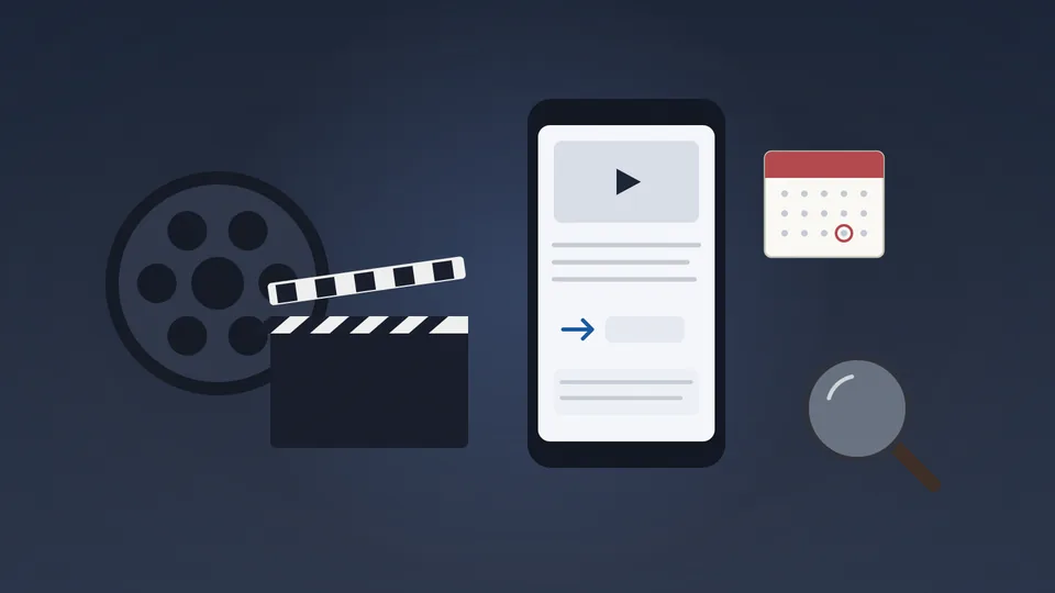 Ilustración de un rollo de película y una claqueta junto a un teléfono móvil que muestra una publicación de video compartida de nuevo, una hoja de calendario y una lupa