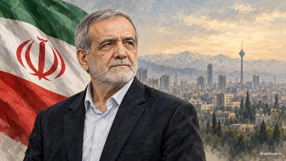 تصویرسازی تحریریه از مسعود پزشکیان در کنار پرچم ایران و نمای انتزاعی تهران