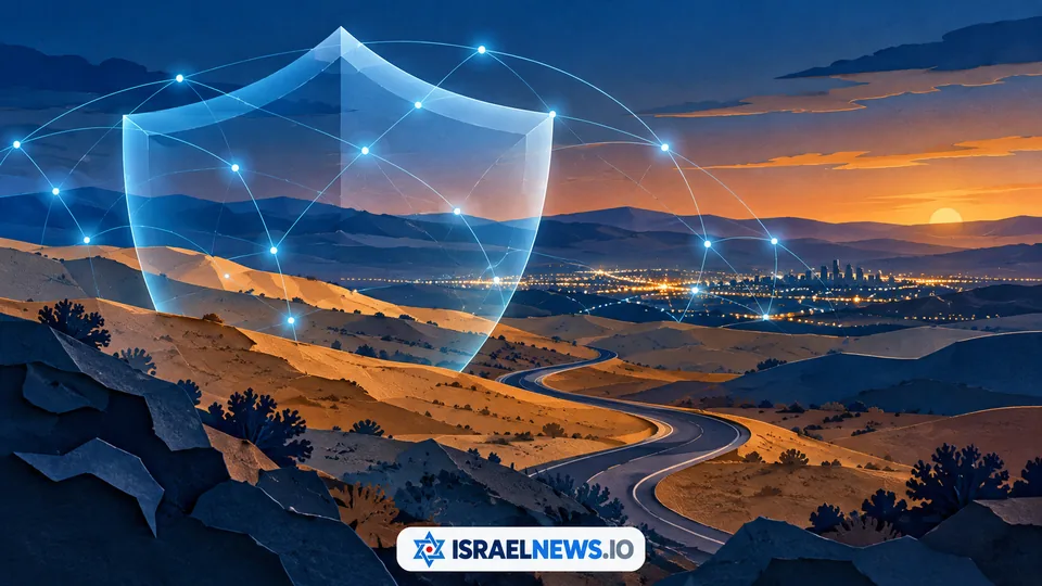 איור מושגי של מגן שקוף ורשת נקודות מעל דרך ונוף מדברי בנגב