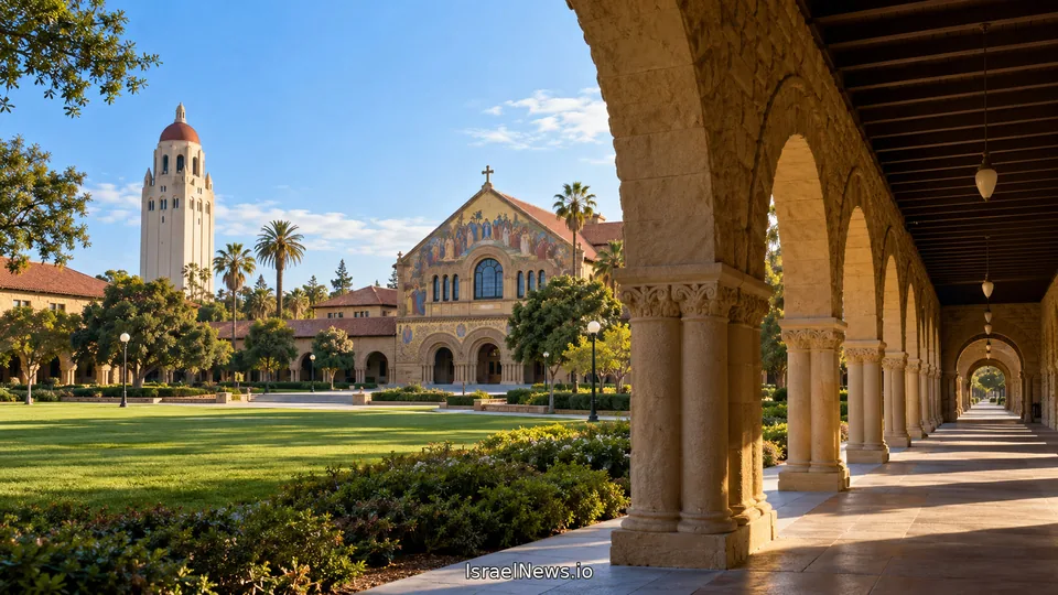 Illustration des Hoover Tower und der Arkaden von Stanford mit Palmen und einem Richterhammer auf einer Akte im Vordergrund