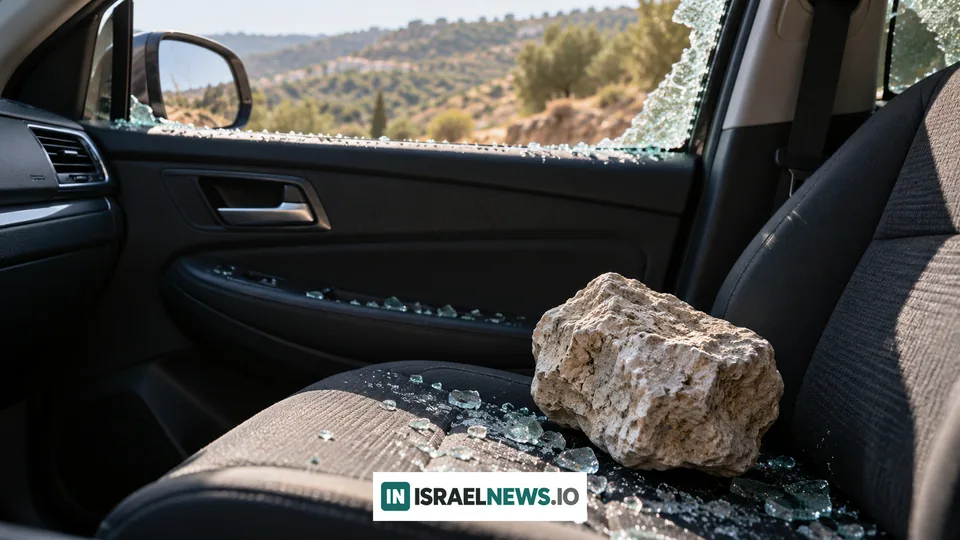 Uma pedra grande no banco de um carro vazio, ao lado de uma janela quebrada e de fragmentos de vidro