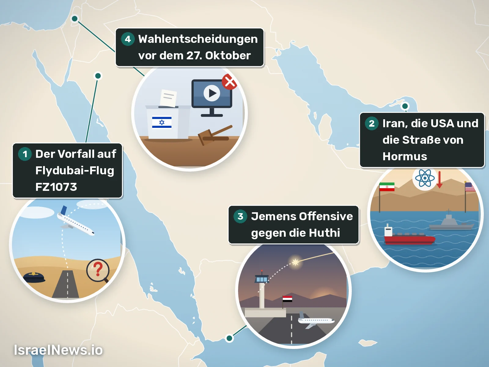 Illustration, Die Geschichte bisher, 11. Okt. 2026: Der Vorfall auf Flydubai-Flug FZ1073; Iran, die USA und die Straße von Hormus; Jemens Offensive gegen die Huthi; Wahlentscheidungen vor dem 27. Oktober