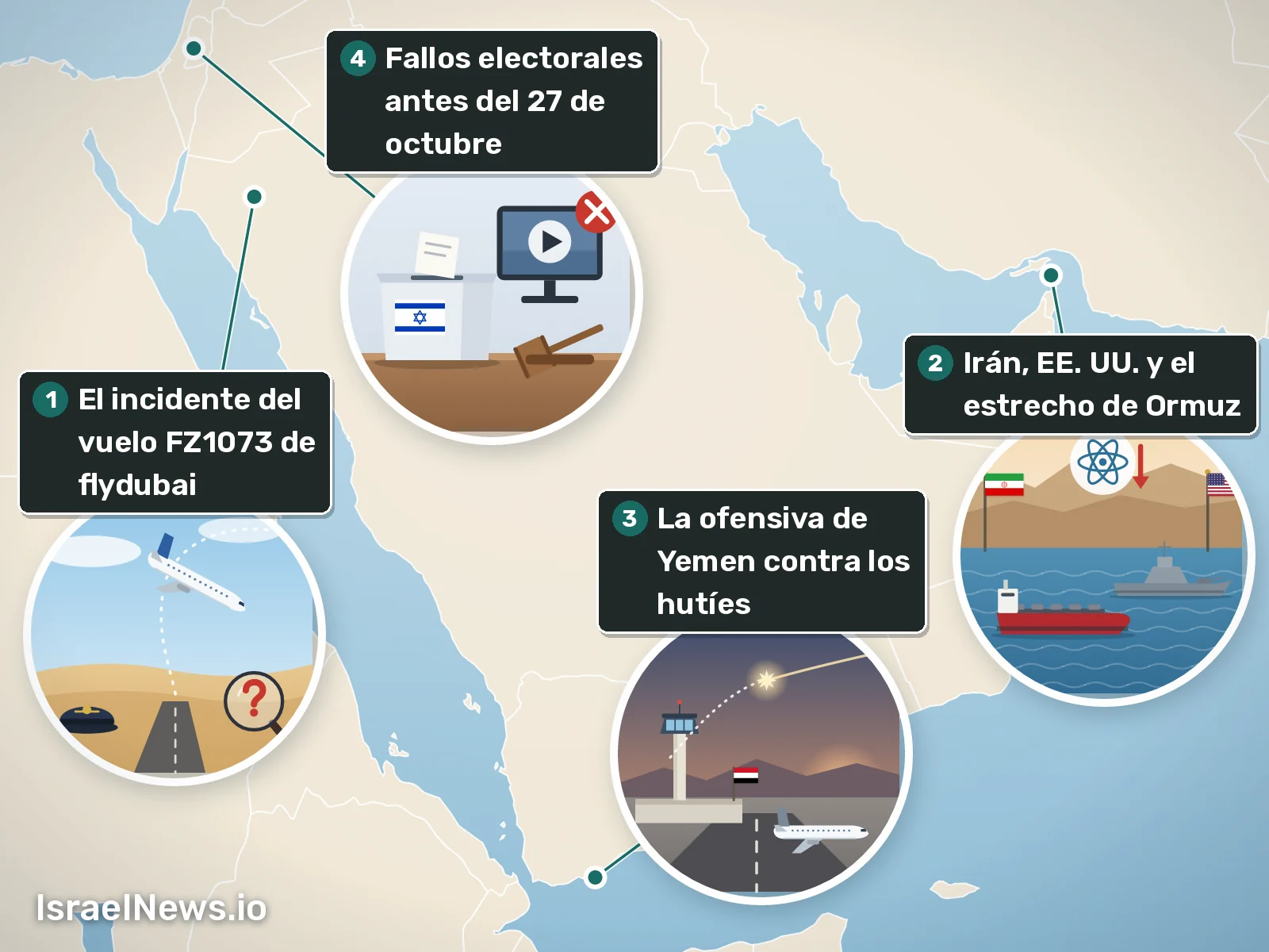Ilustración, La historia hasta ahora, 11 oct 2026: El incidente del vuelo FZ1073 de flydubai; Irán, EE. UU. y el estrecho de Ormuz; La ofensiva de Yemen contra los hutíes; Fallos electorales antes del 27 de octubre